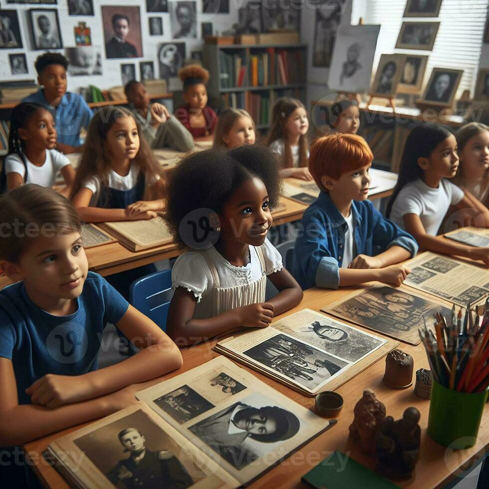 ai generado un educativo ajuste con diverso estudiantes de varios descensos aprendizaje acerca de negro historia foto