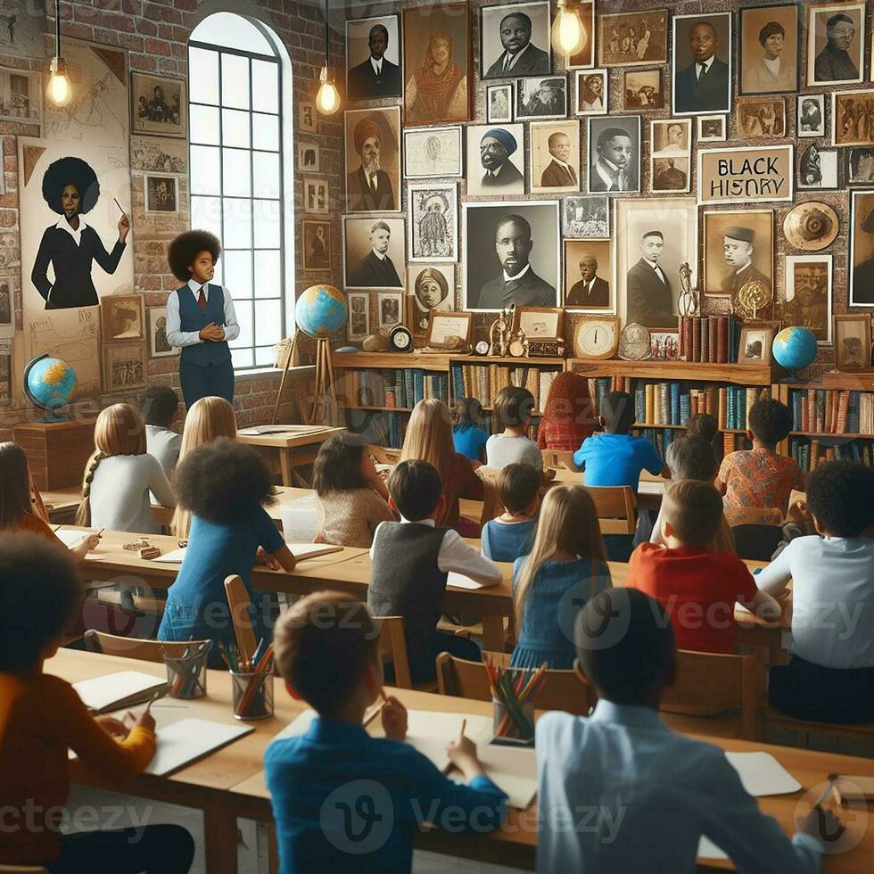 ai generado un educativo ajuste con diverso estudiantes de varios descensos aprendizaje acerca de negro historia foto