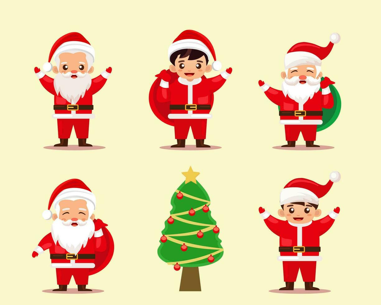 Collection of Cute Christmas Santa Claus isolated. Christmas Set of Cheerful, funny Santa clause for winter holidays. Happy Santa Claus cartoon character ready new year vector