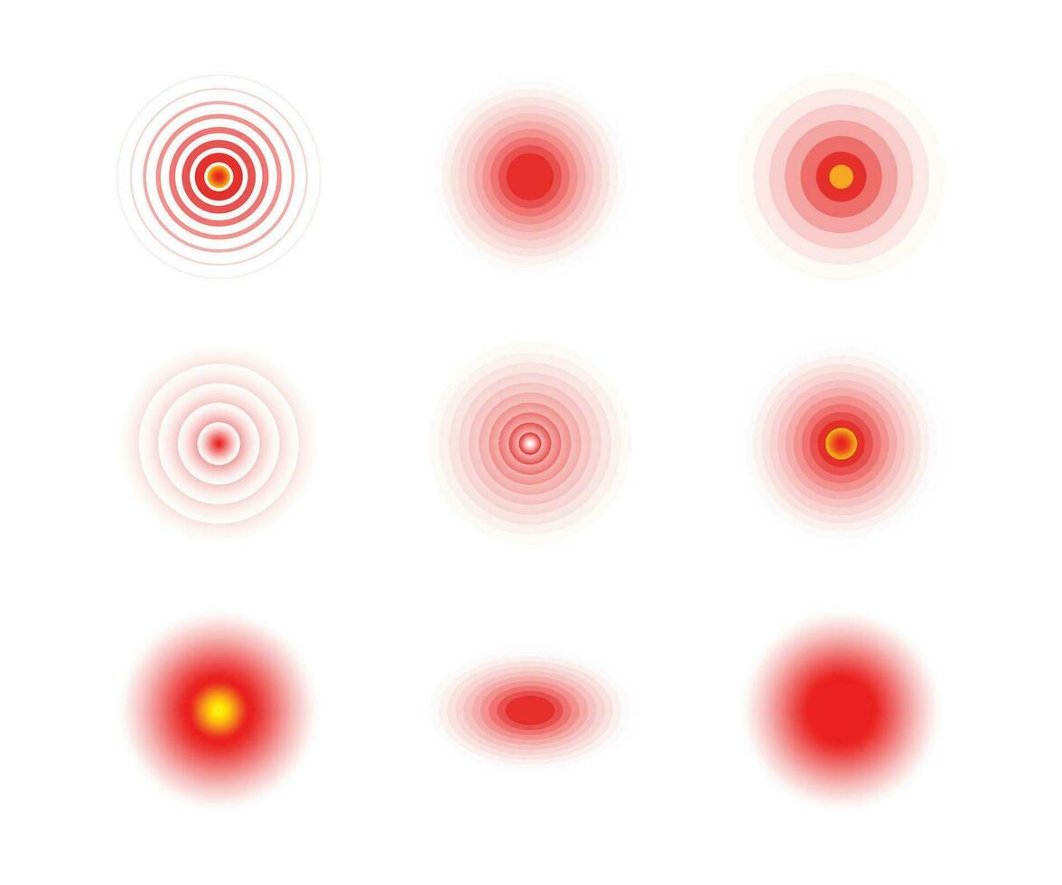 Set of medical pain circle icons. Red pain circles. Pain and Ache symbols. Red symbol of pain place. Concentric circle elements. Minimal radial ripples. Sound waves. vector