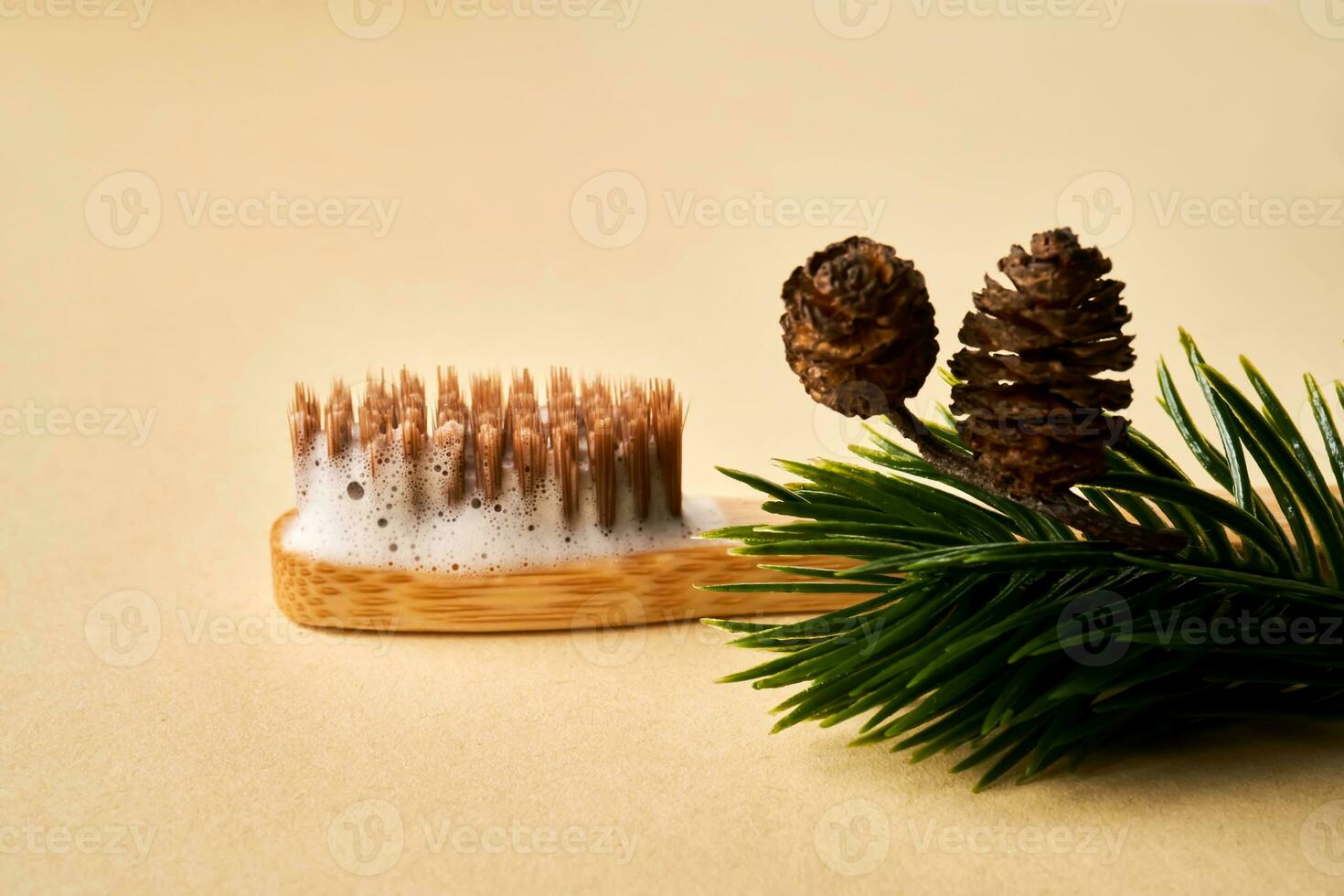 Toothbrush with toothpaste foam on a background of pine needles and cones. photo