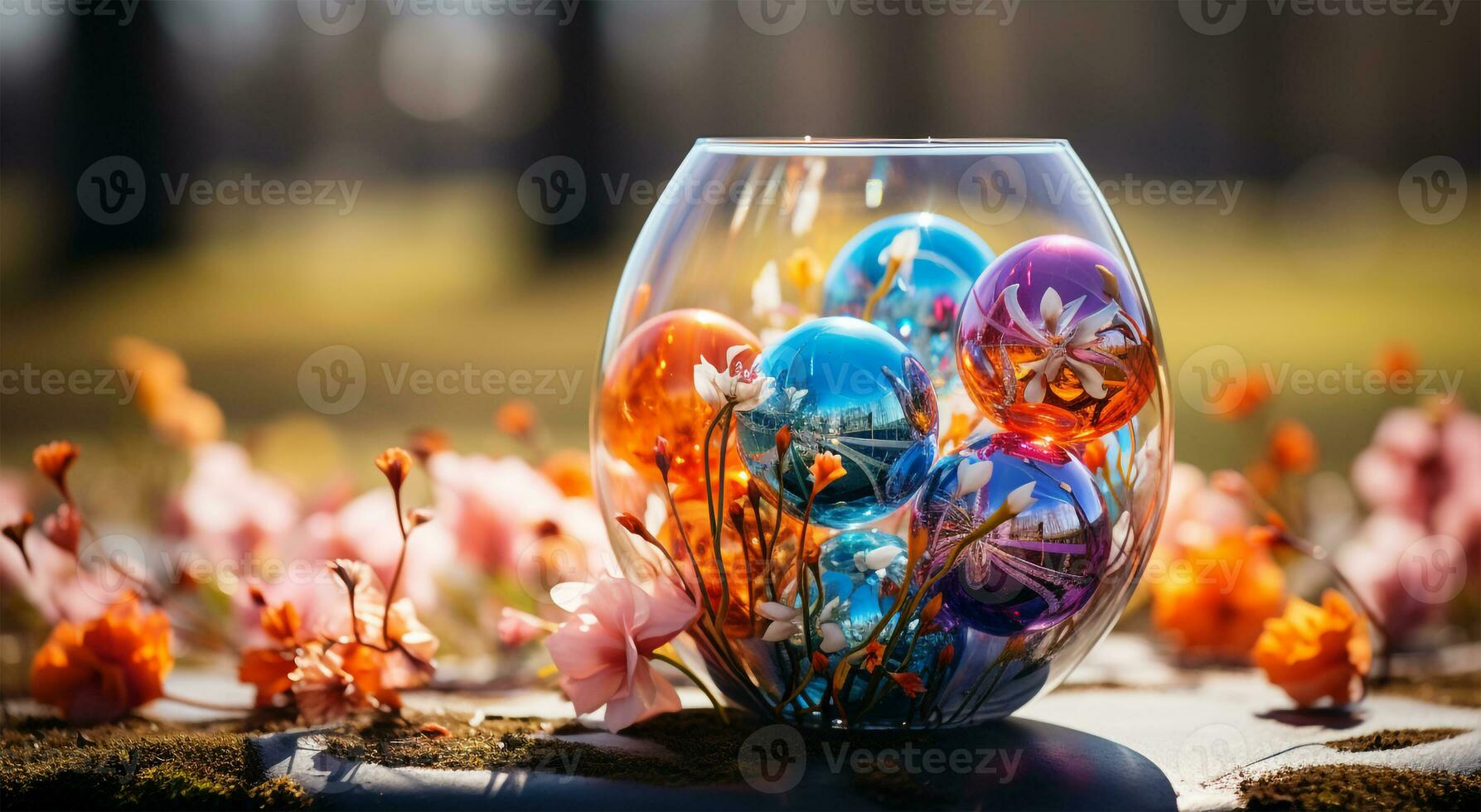 AI generated View of Easter Day with many colorful eggs in a container photo