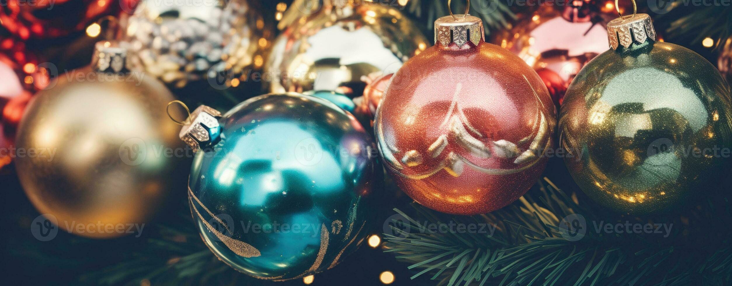 AI Generated Closeup of Christmas colorful balls, vintage style background, banner, wallpaper photo