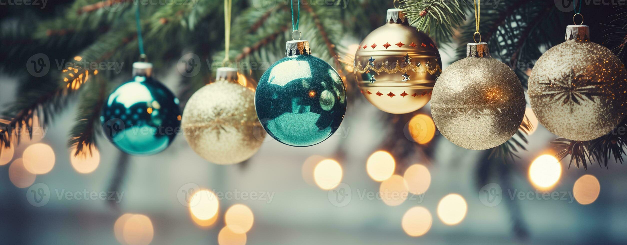 AI Generated Christmas balls on a festive fir tree, vintage style background, banner, wallpaper photo