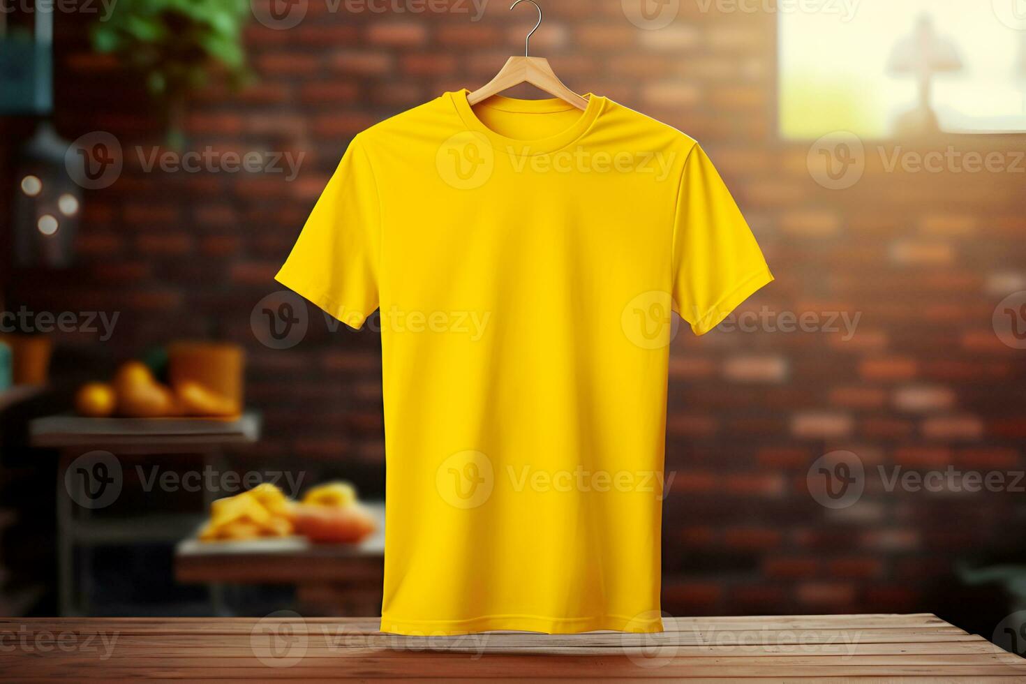 AI generated yellow cotton t-shirt on hanger on brick wall background mockup friendly copy space design photo