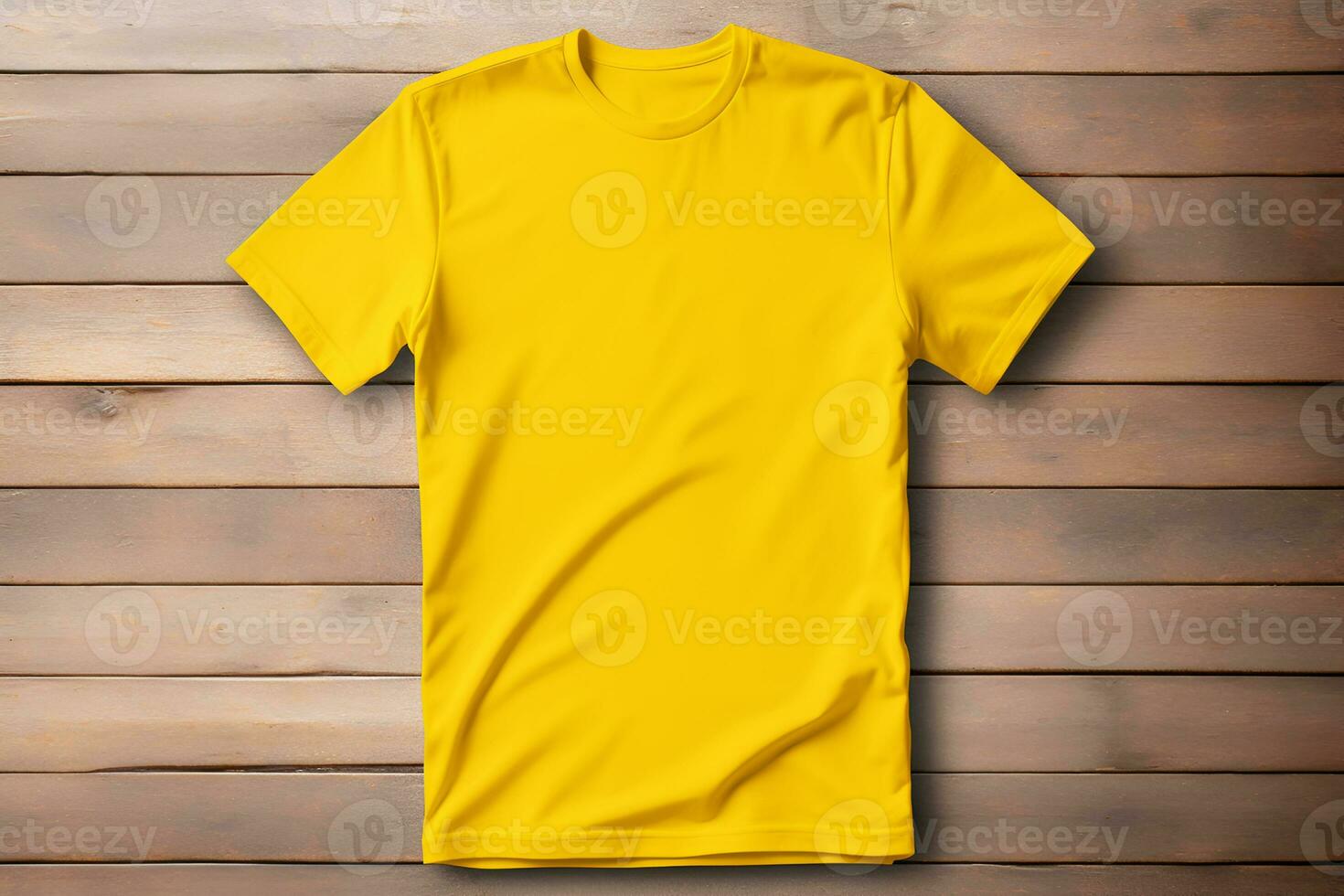 ai generado sencillo amarillo algodón camiseta en de madera antecedentes Bosquejo simpático Copiar espacio diseño foto