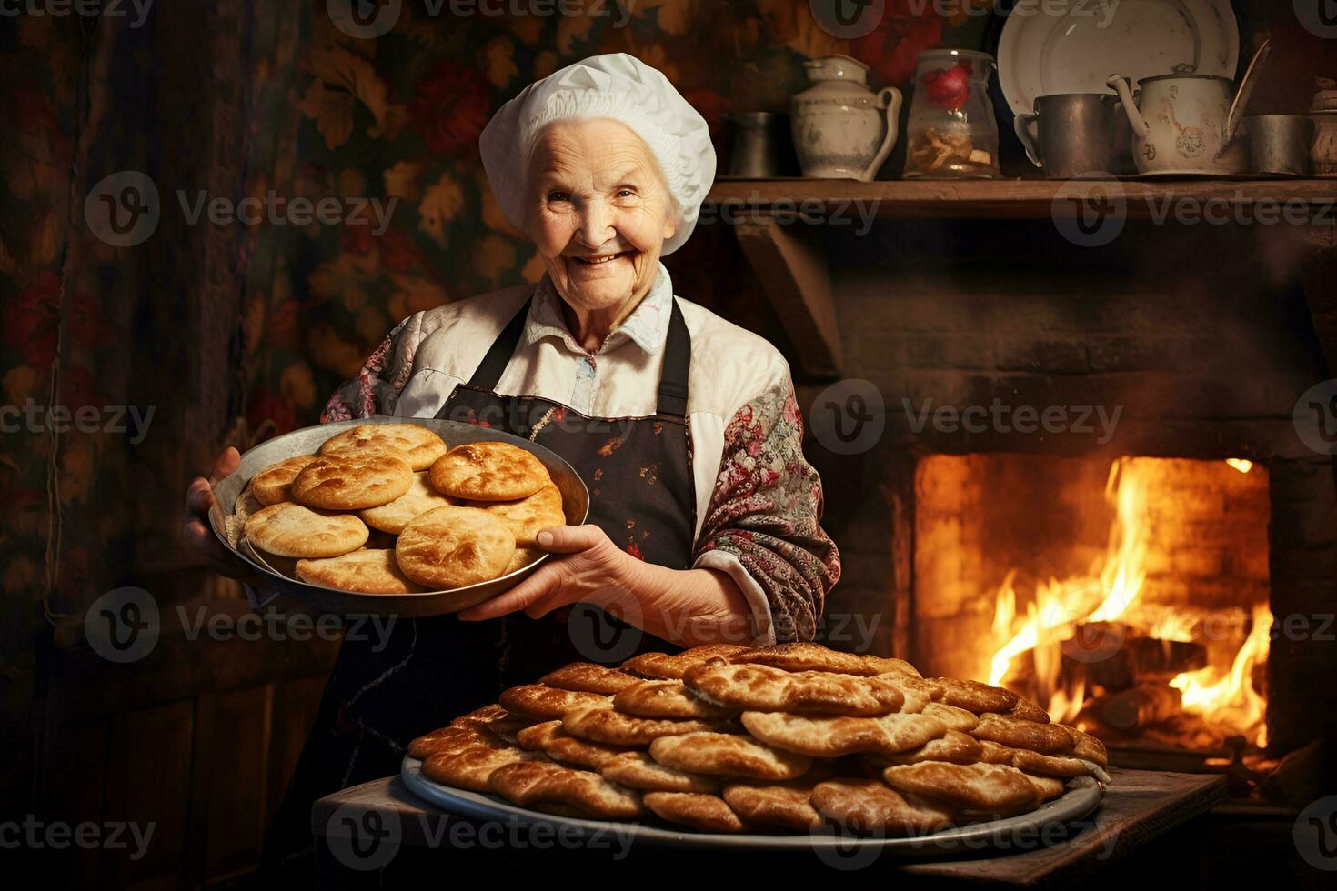 AI generated happy smiling older woman grandmother in kitchen with lot of baked pies on tray near wood stove with fire home baking eating deliciou photo