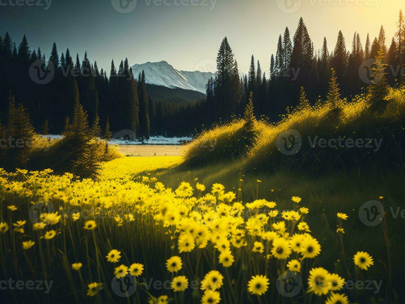 AI generated Glowing Fields of Winter Soft Focus Sunset Meadow with Yellow Flowers Nature's Embrace. A Symphony of Colors Warm Winter Sunset Meadow with Abstract Soft Focus Nature Harmony. photo