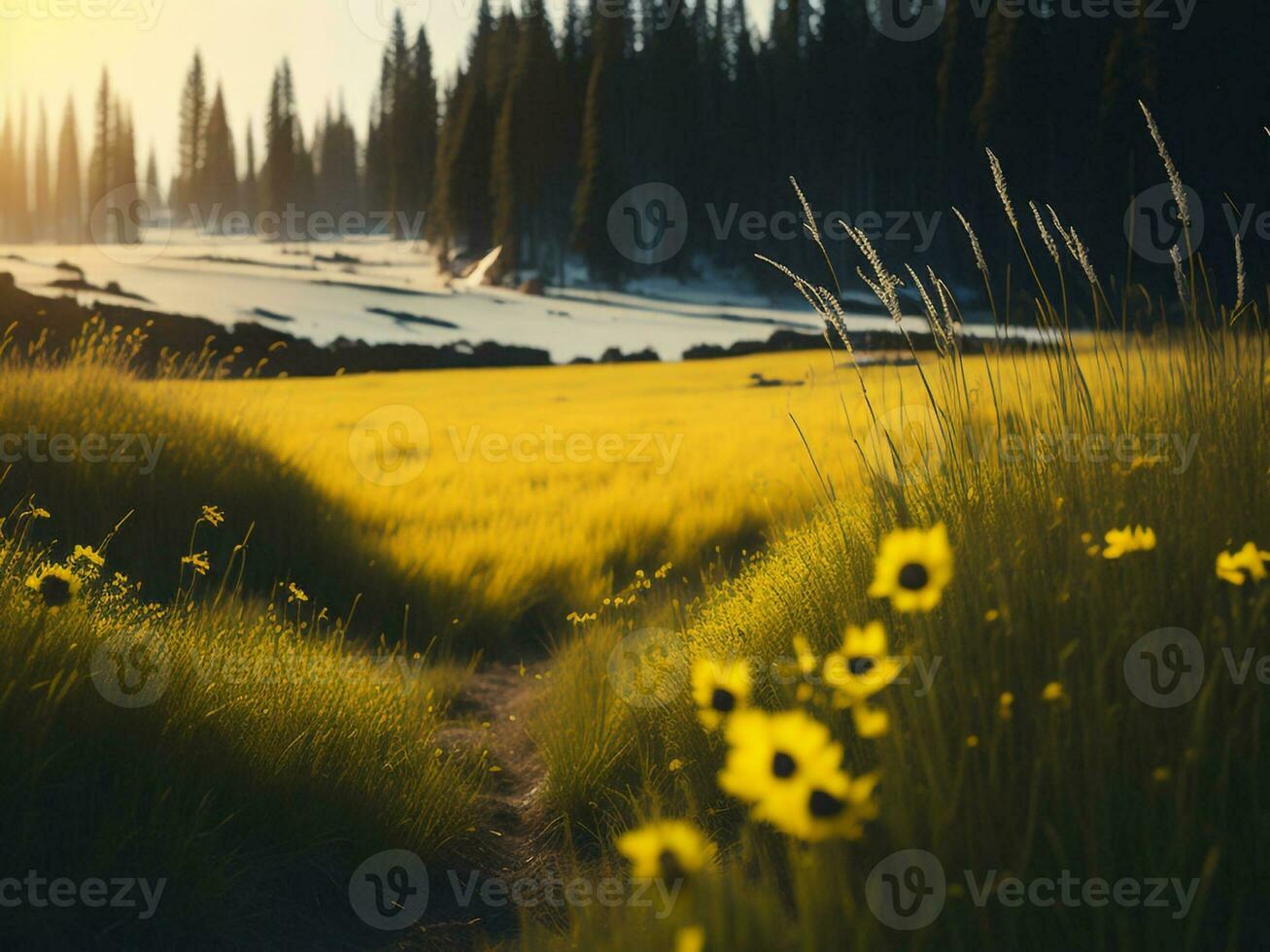 AI generated Glowing Fields of Winter Soft Focus Sunset Meadow with Yellow Flowers Nature's Embrace. A Symphony of Colors Warm Winter Sunset Meadow with Abstract Soft Focus Nature Harmony. photo