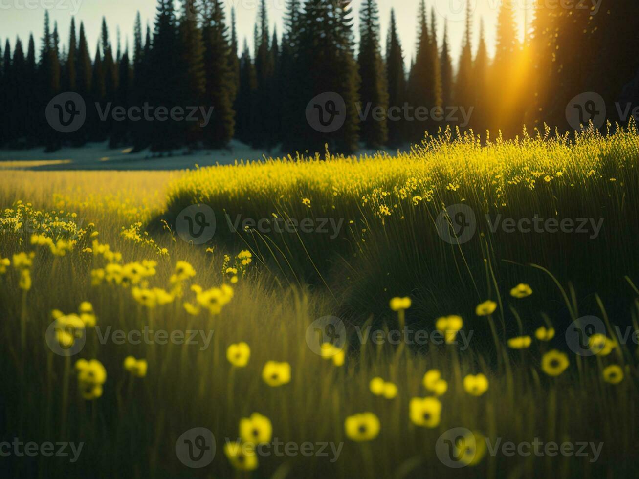 AI generated Glowing Fields of Winter Soft Focus Sunset Meadow with Yellow Flowers Nature's Embrace. A Symphony of Colors Warm Winter Sunset Meadow with Abstract Soft Focus Nature Harmony. photo