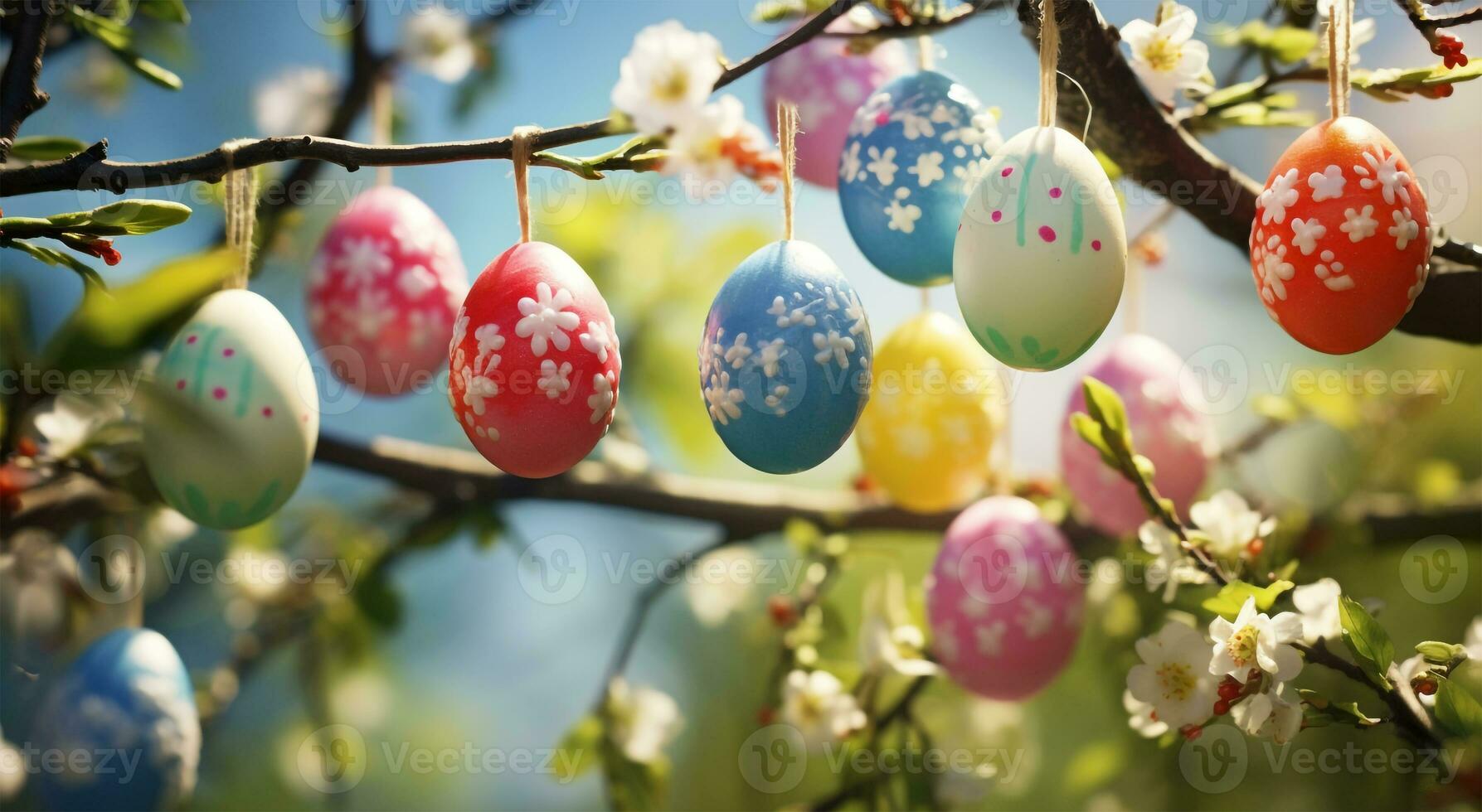 AI generated View of different colored Easter eggs on a tree photo