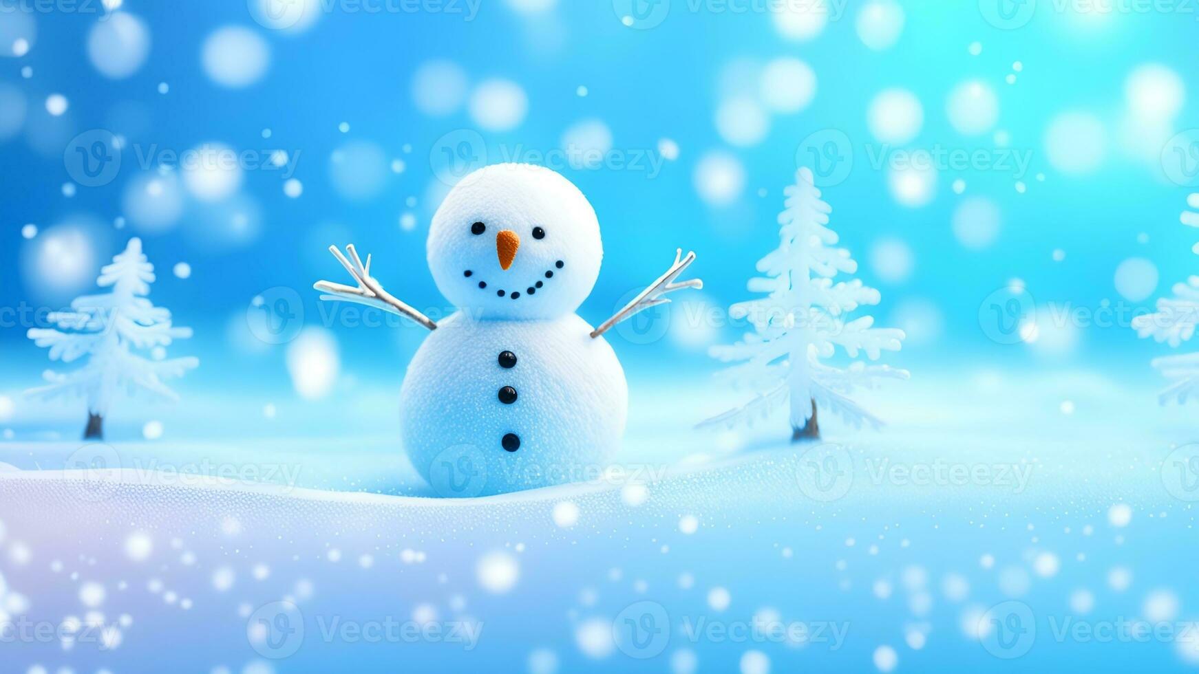 AI generated Funny snowman on Christmas holiday winter background Merry Christmas and Happy Holidays wishes, banner background photo