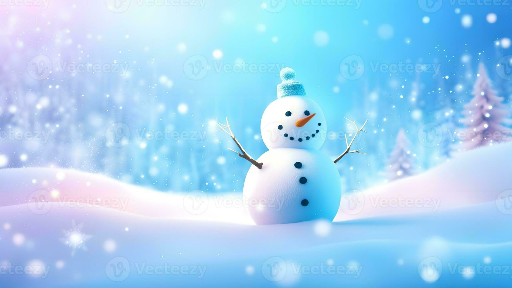 AI generated Funny snowman on Christmas holiday winter background Merry Christmas and Happy Holidays wishes, banner background photo