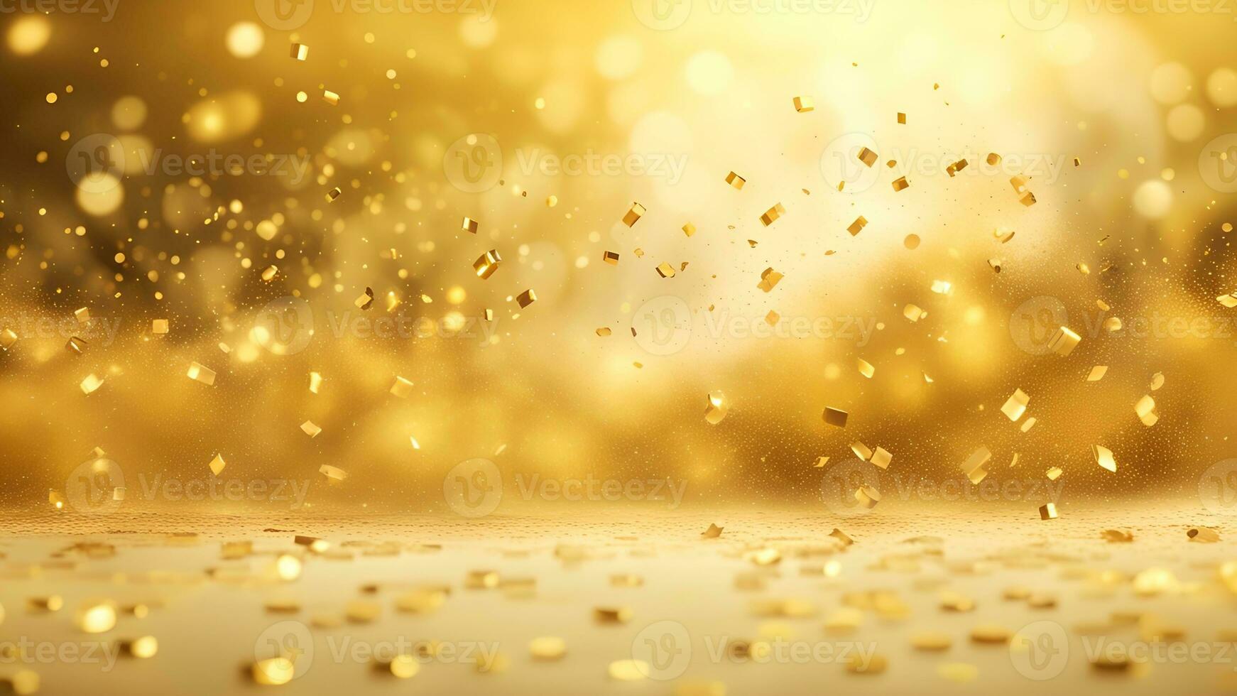 AI generated golden particles and sprinkles on christmas or new year celebration. shiny golden lights. wallpaper background for ads or gifts wrap photo