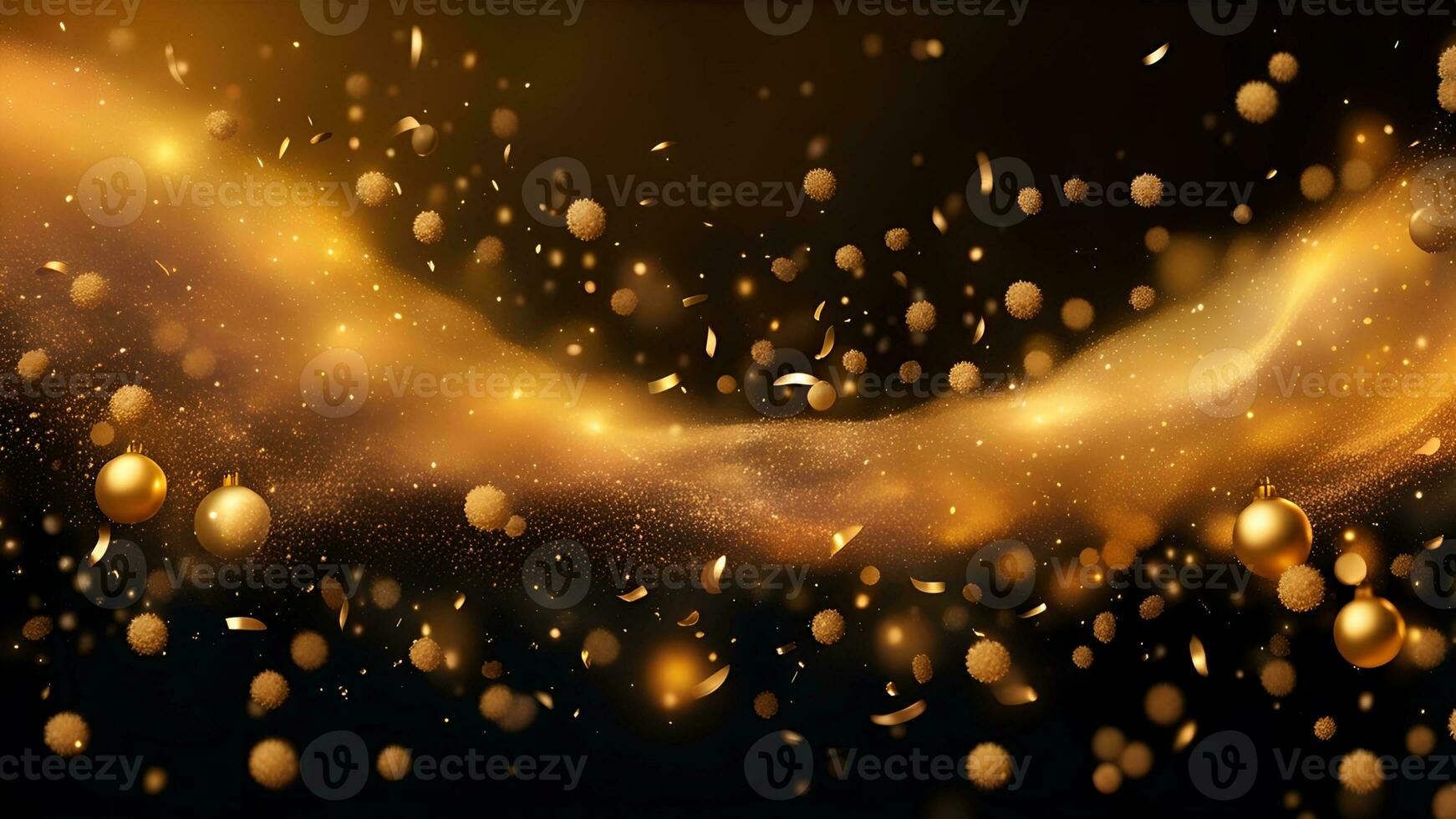 AI generated golden particles and sprinkles on christmas or new year celebration. shiny golden lights. wallpaper background for ads or gifts wrap photo