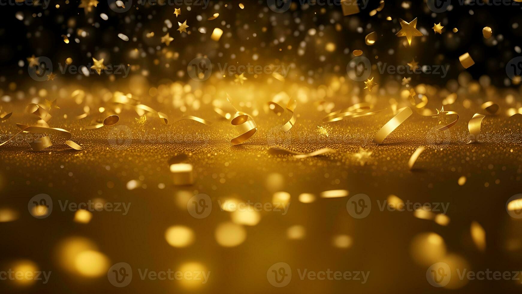 ai generado dorado partículas y asperja en Navidad o nuevo año celebracion. brillante dorado luces. fondo de pantalla antecedentes para anuncios o regalos envolver foto