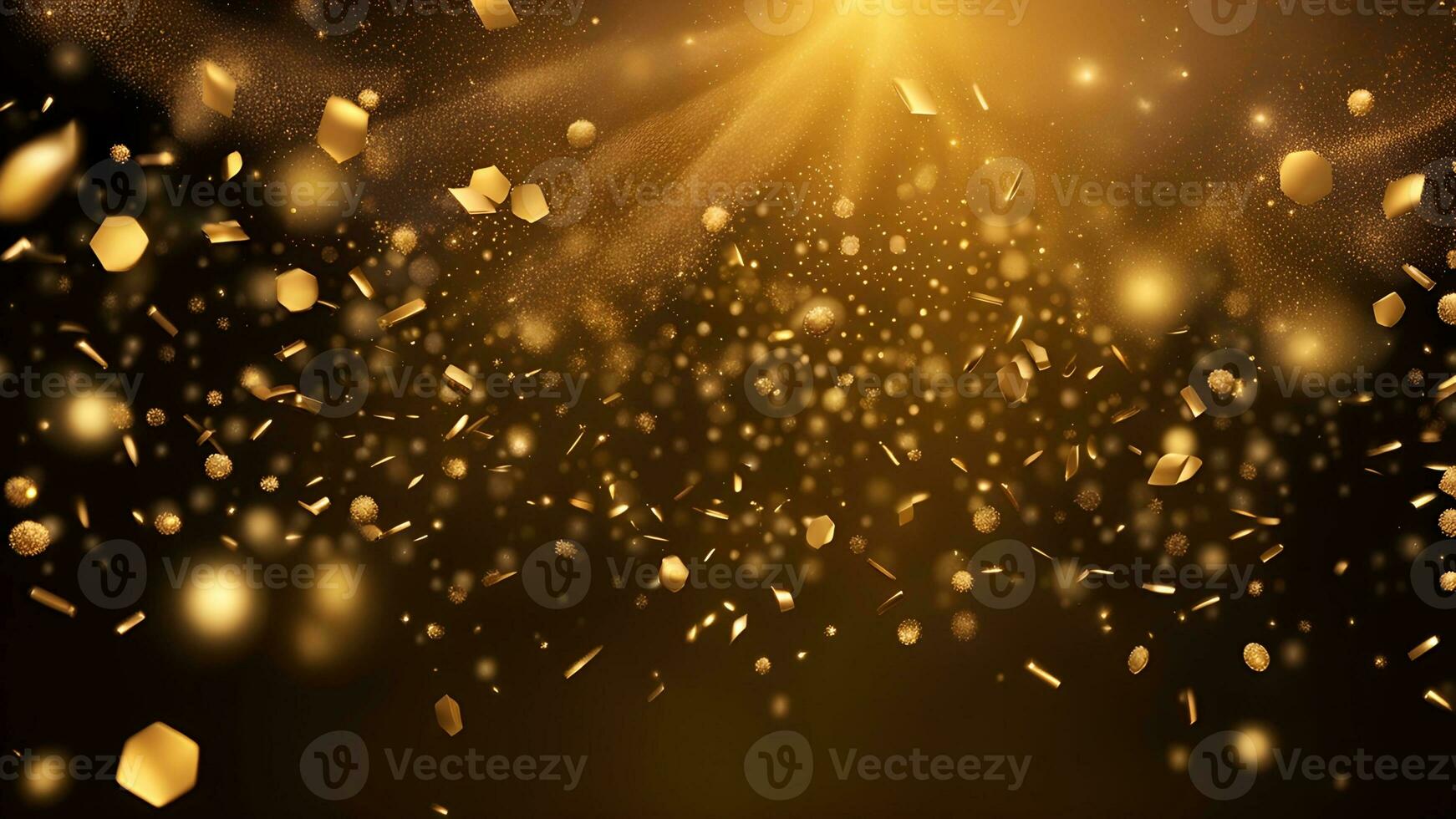 AI generated golden particles and sprinkles on christmas or new year celebration. shiny golden lights. wallpaper background for ads or gifts wrap photo