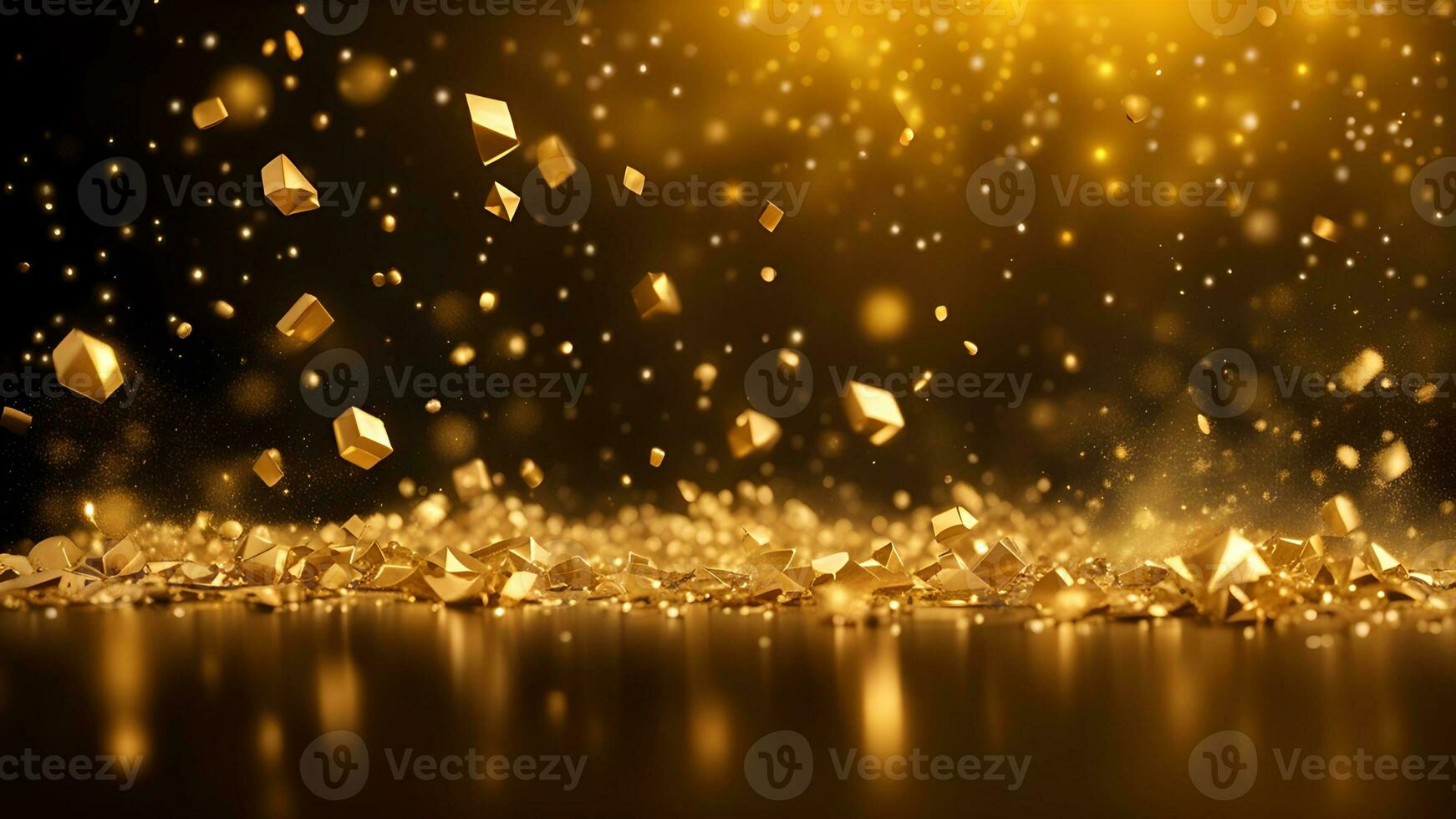 AI generated golden particles and sprinkles on christmas or new year celebration. shiny golden lights. wallpaper background for ads or gifts wrap photo