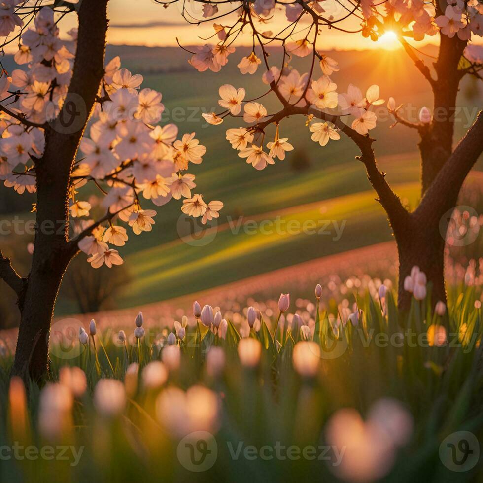 AI generated Beautiful spring sunset landscape. photo
