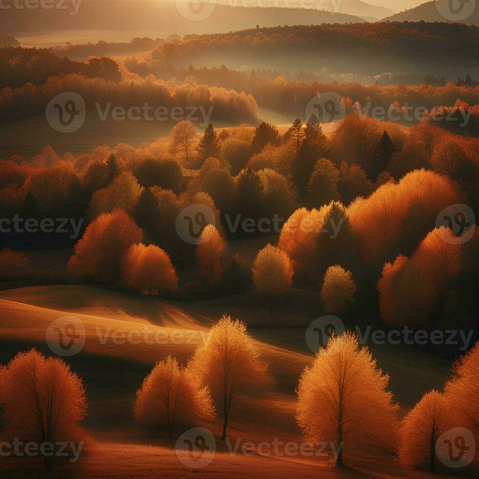 AI generated Autumn sunset meadow landscape. photo