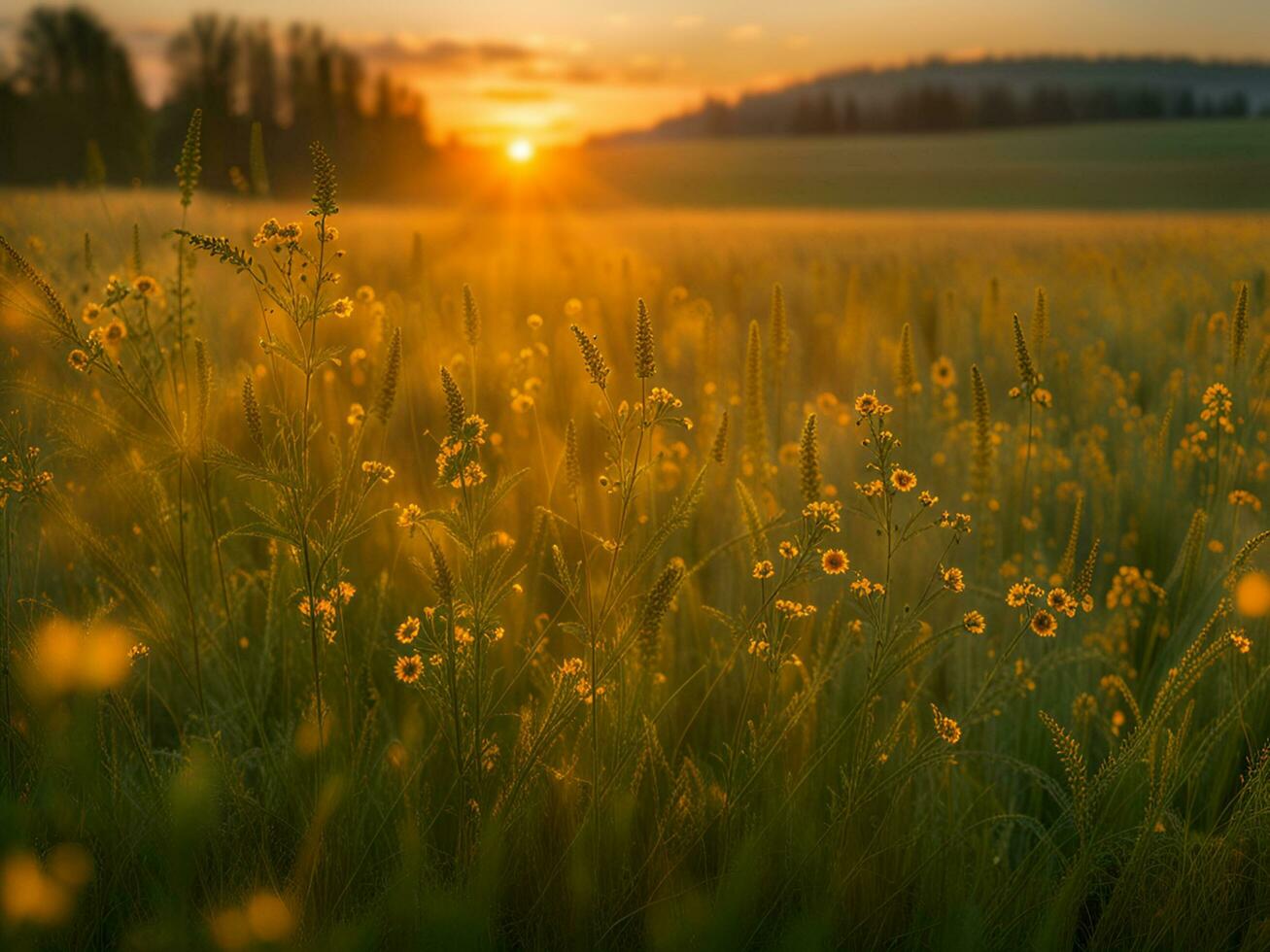 AI generated Summer meadow landscape at sunset. Close-up of summer meadow flowers. photo