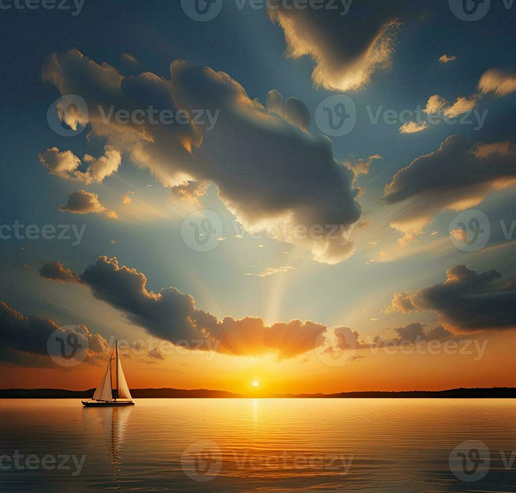 AI generated Sunset over the lake with boat floating on the water. photo