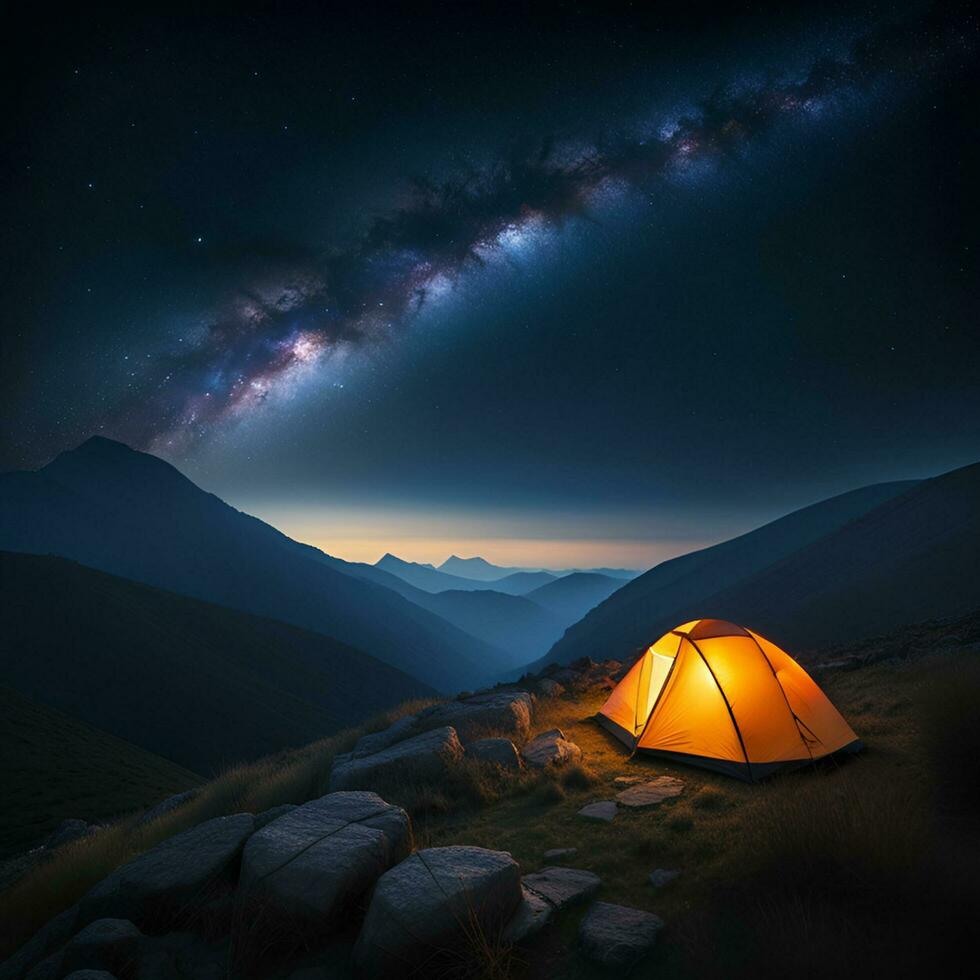 AI generated Tent in the mountains during a beautiful night full of stars photo