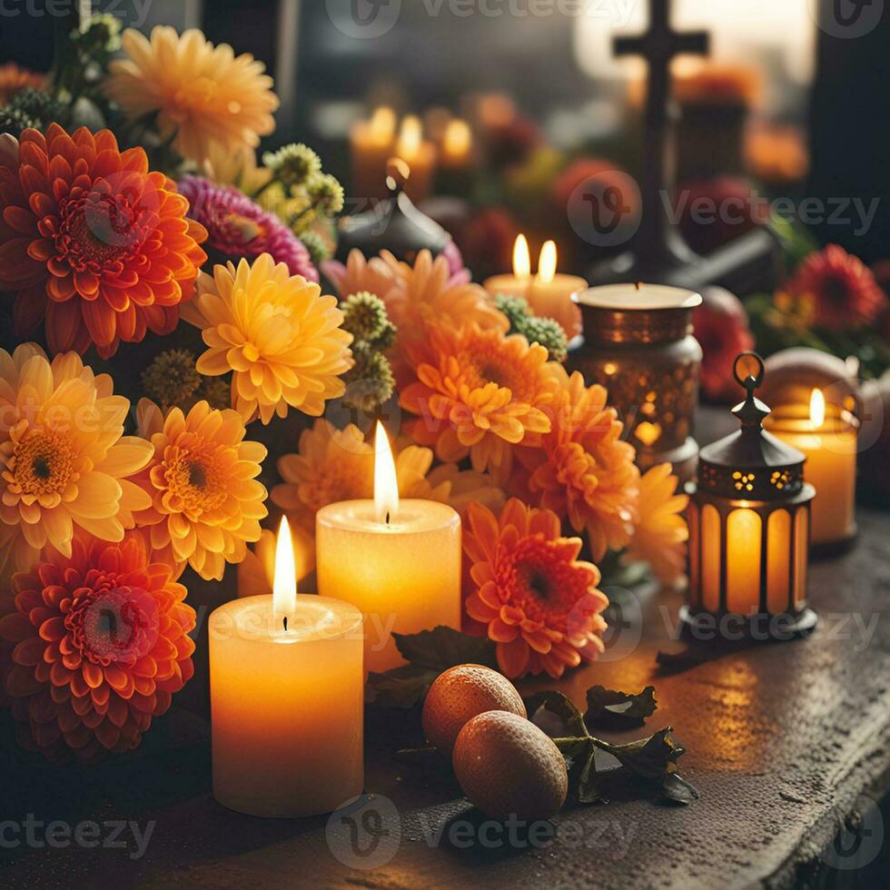 ai generado de cerca de velas y crisantemos flores a el cementerio. todas santos día cementerio. foto