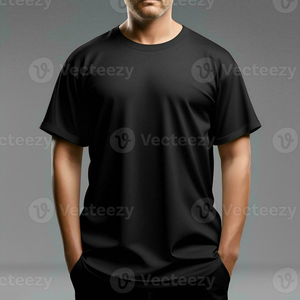 AI generated Black t-shirt mockup. Male model wearing t-shirt mockup. photo