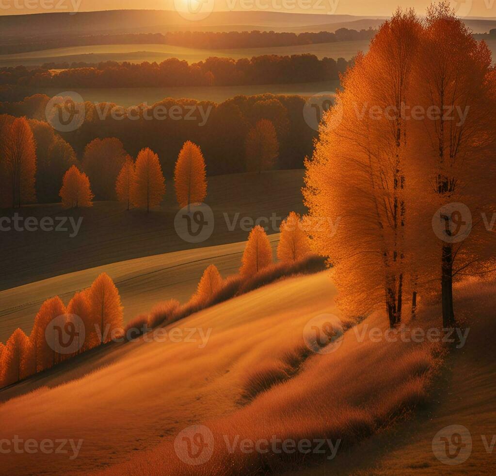 AI generated Autumn sunset meadow landscape. photo