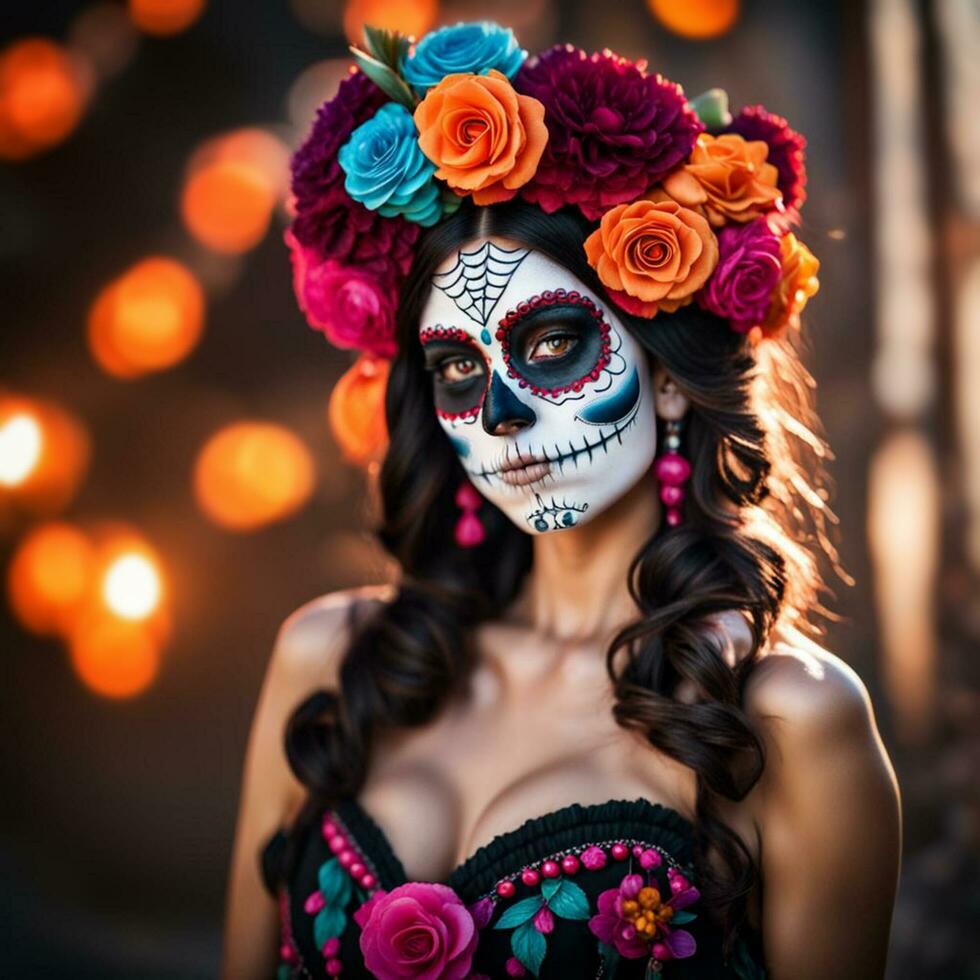 AI generated Portrait of a woman in dia de los muertos makeup. Catrina, sugar skull makeup. photo