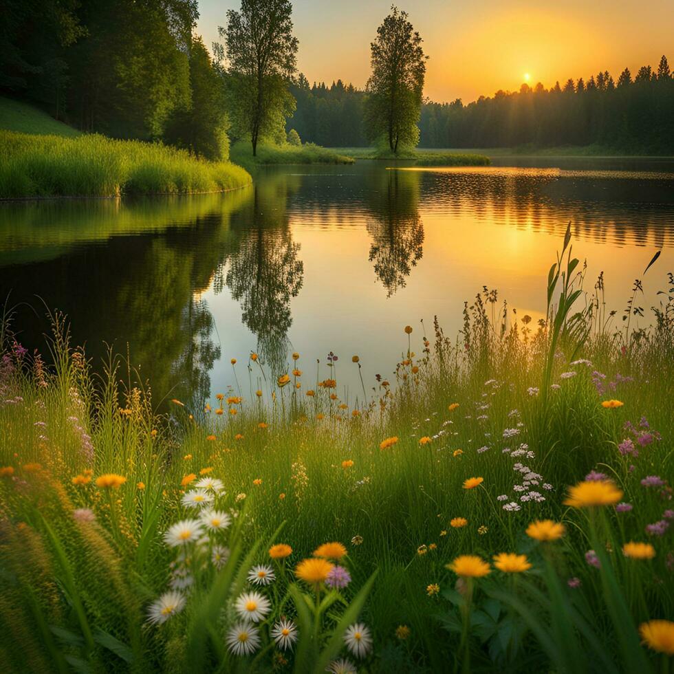 AI generated Sunset over the lake. Summer meadow landscape. photo