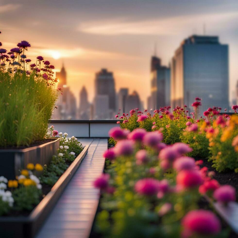 AI generated Rooftop garden. Pots of flowers on the rooftop. City view in the background. photo