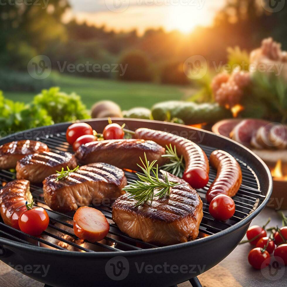 ai generado de cerca de un salchichas y vegetales en un parrilla. verano jardín a puesta de sol. foto