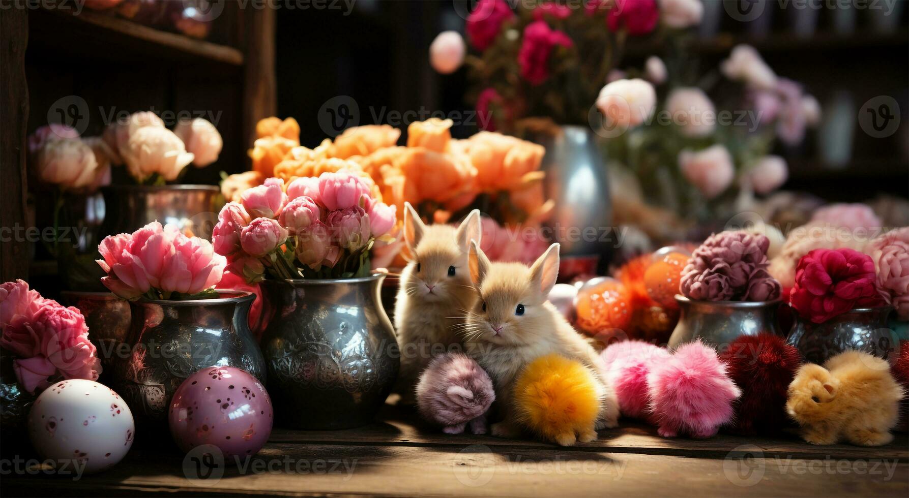 ai generado ver de un hermosa pequeño Conejo bebé con diferente de colores flores foto