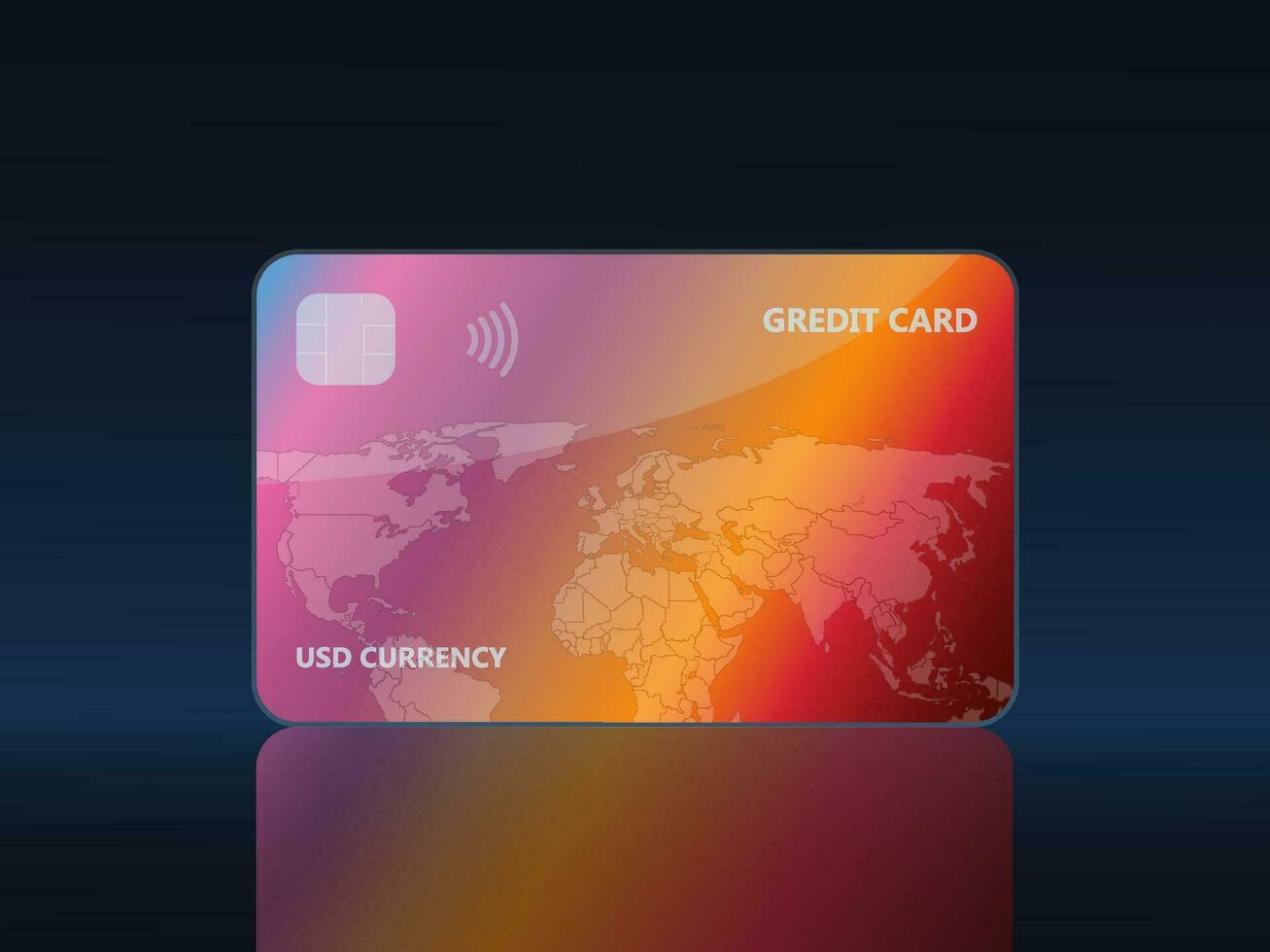 Credit card template. Gradient bright card on a dark background with specular reflection. Vector illustration