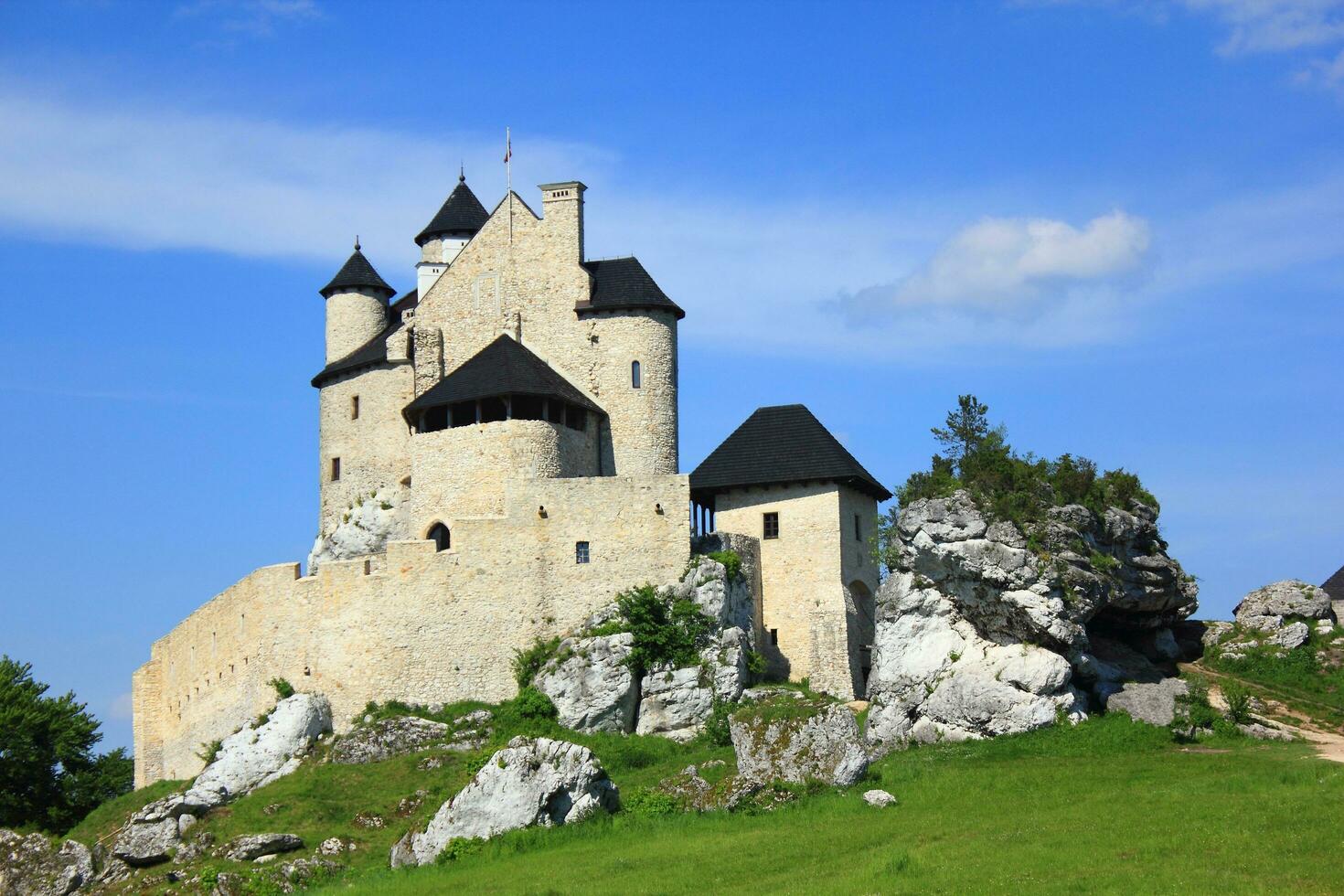 Made from white stone fortress Bobolice in Poland photo