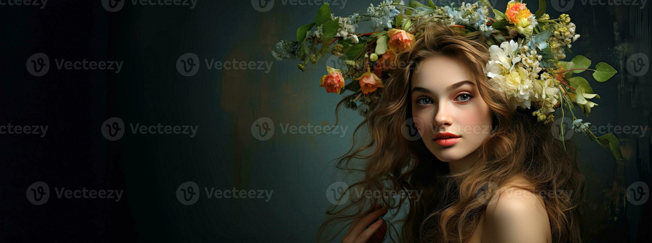AI generated Beautiful girl with a floral bouquet on head. The concept of beauty, youth, spring, love. AI generated illustration. photo