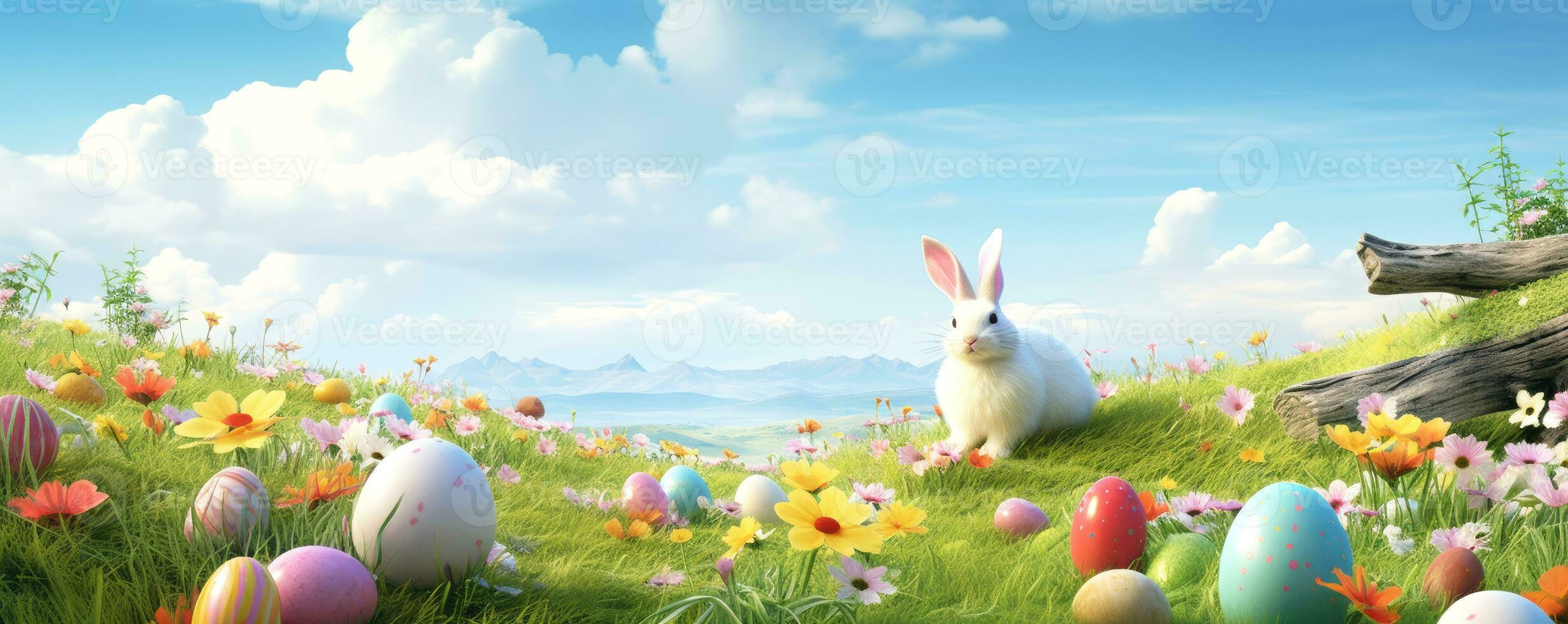 AI generated Easter landscape. Horizontal banner with a cute Easter bunny on a flower meadow with colored eggs.  Cartoon style. AI generated illustration. photo