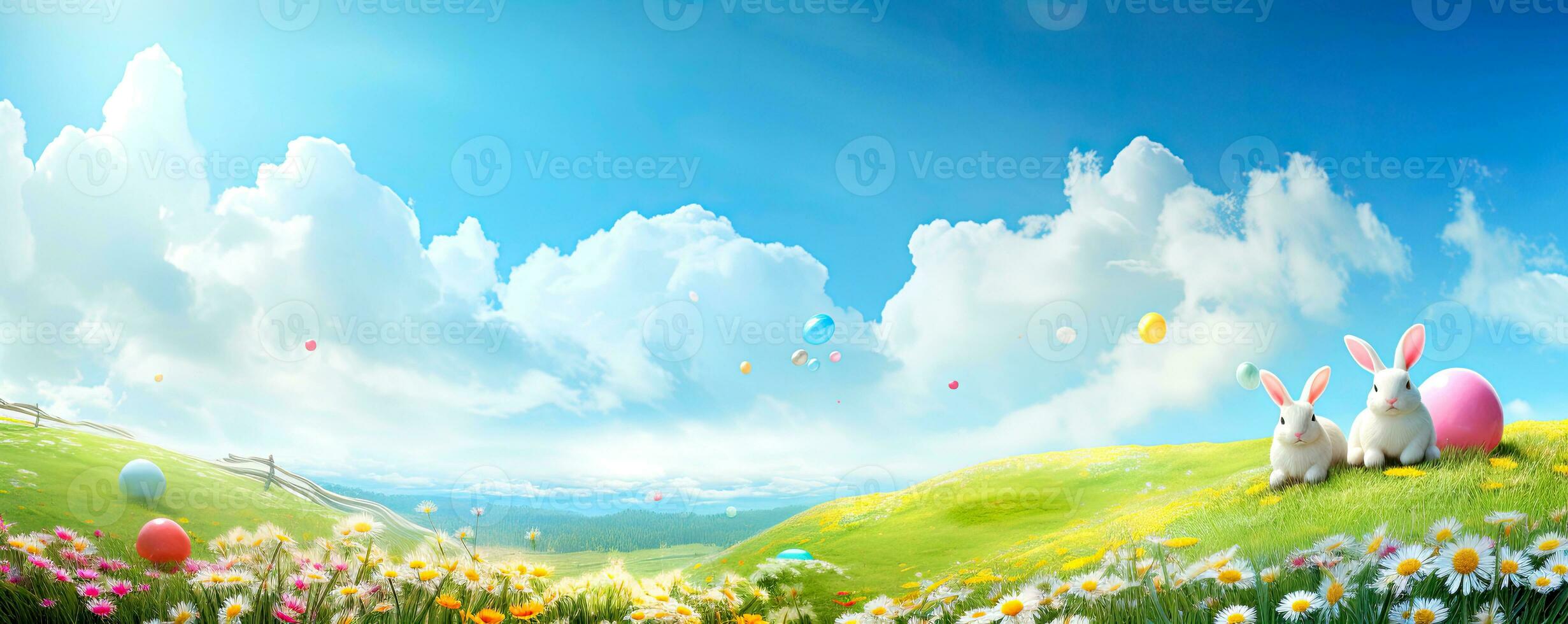 AI generated Easter landscape. Horizontal banner with a cute Easter bunny on a flower meadow with colored eggs.  Cartoon style. AI generated illustration. photo