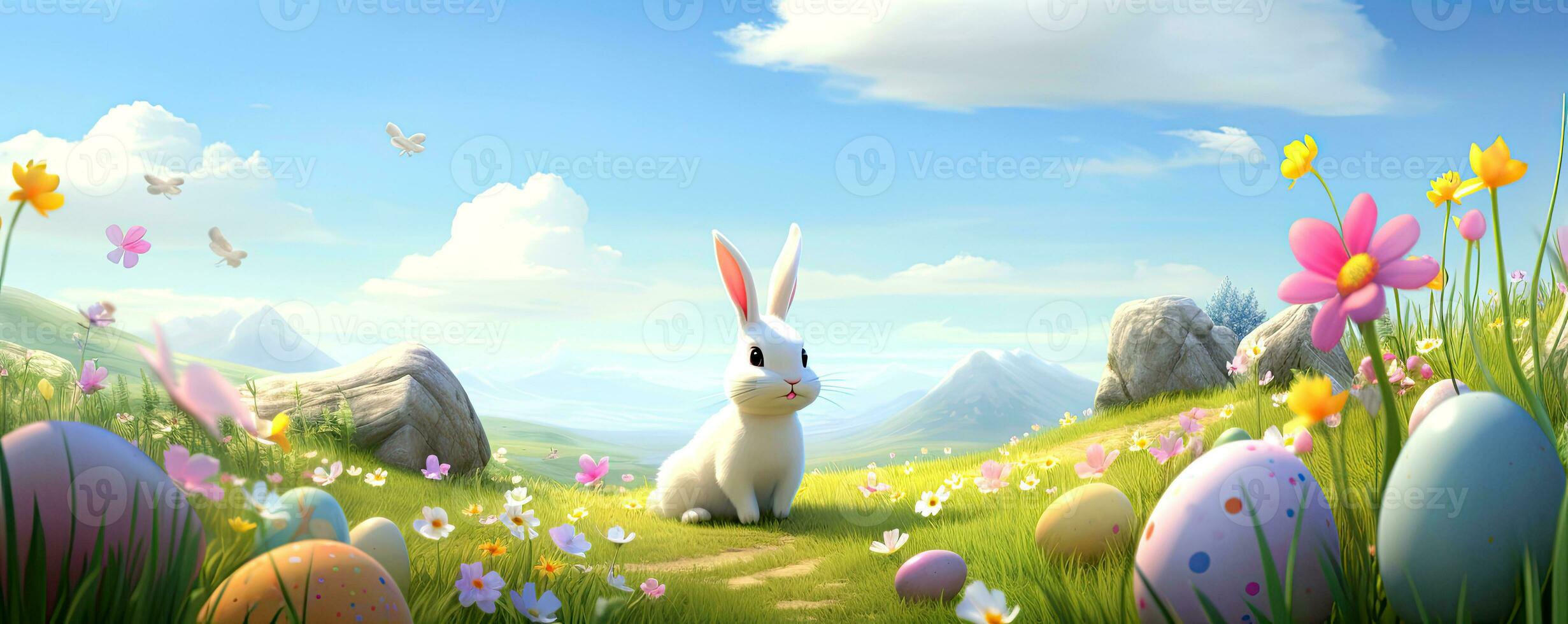 AI generated Easter landscape. Horizontal banner with a cute Easter bunny on a flower meadow with colored eggs.  Cartoon style. AI generated illustration. photo