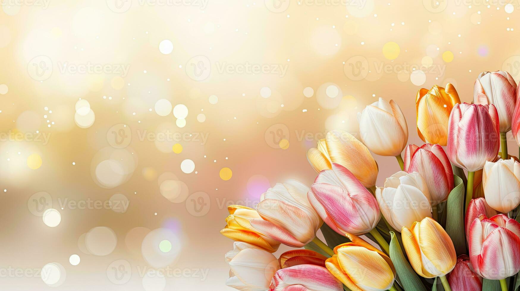 Beautiful bouquet of pink, yellow and white tulips on a sparkling background with bokeh. AI generated illustration. photo
