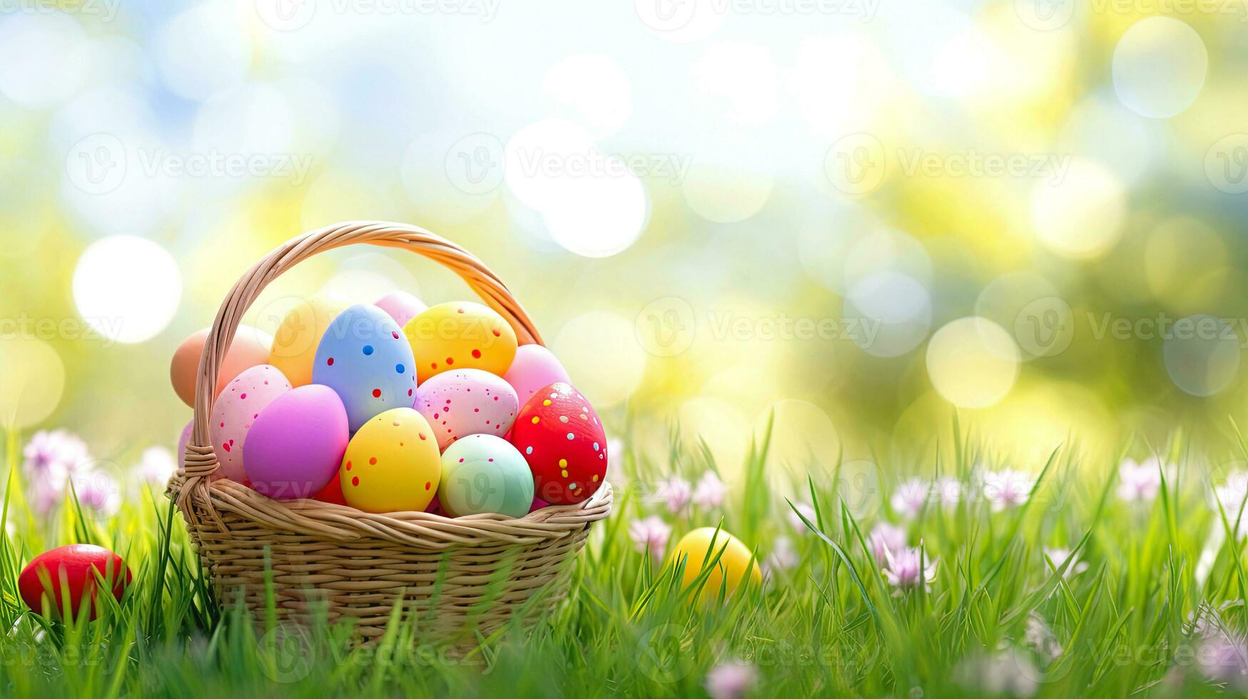 AI generated Easter landscape. Horizontal banner with a cute Easter bunny on a flower meadow with colored eggs.  Cartoon style. AI generated illustration. photo