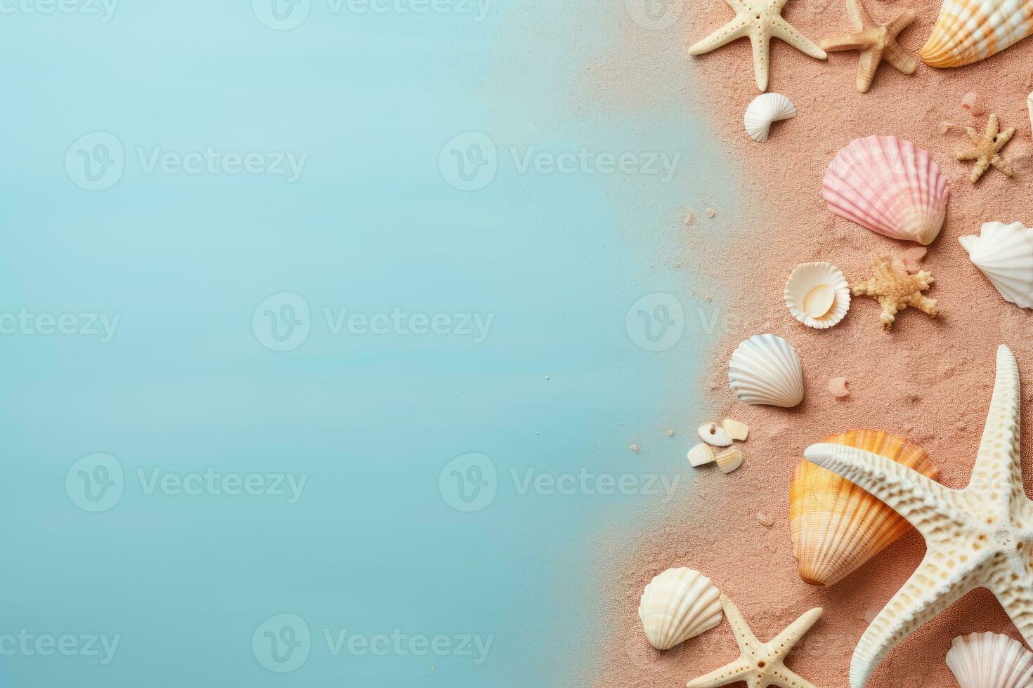 AI generated Seashells and starfish on blue background with copy space photo