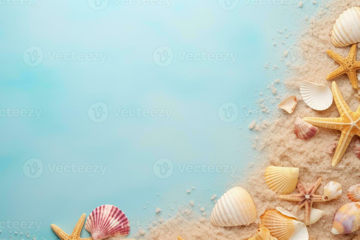 AI generated Seashells and starfish on blue background with copy space photo