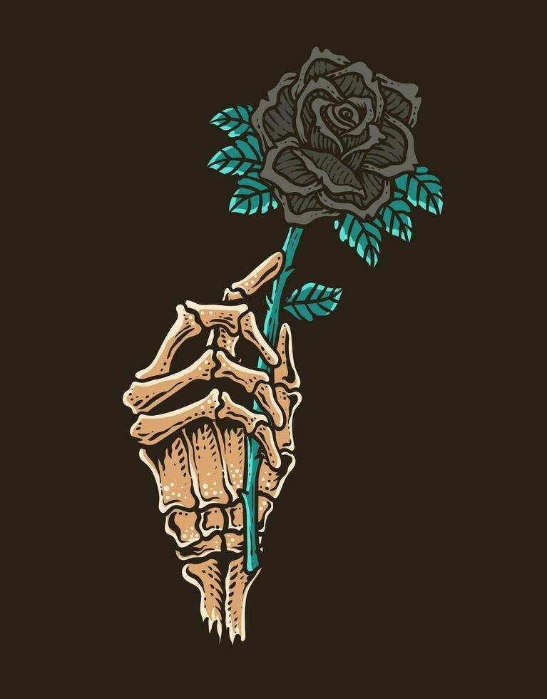 Illustration vintage skull hand holding black rose flower vector