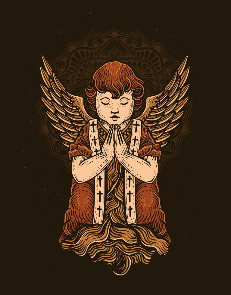 Illustration hand drawn. Cupid angel praying engraving style vector