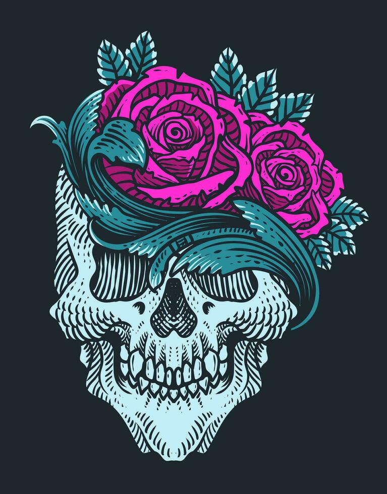 Illustration vintage skull with rose flower vector