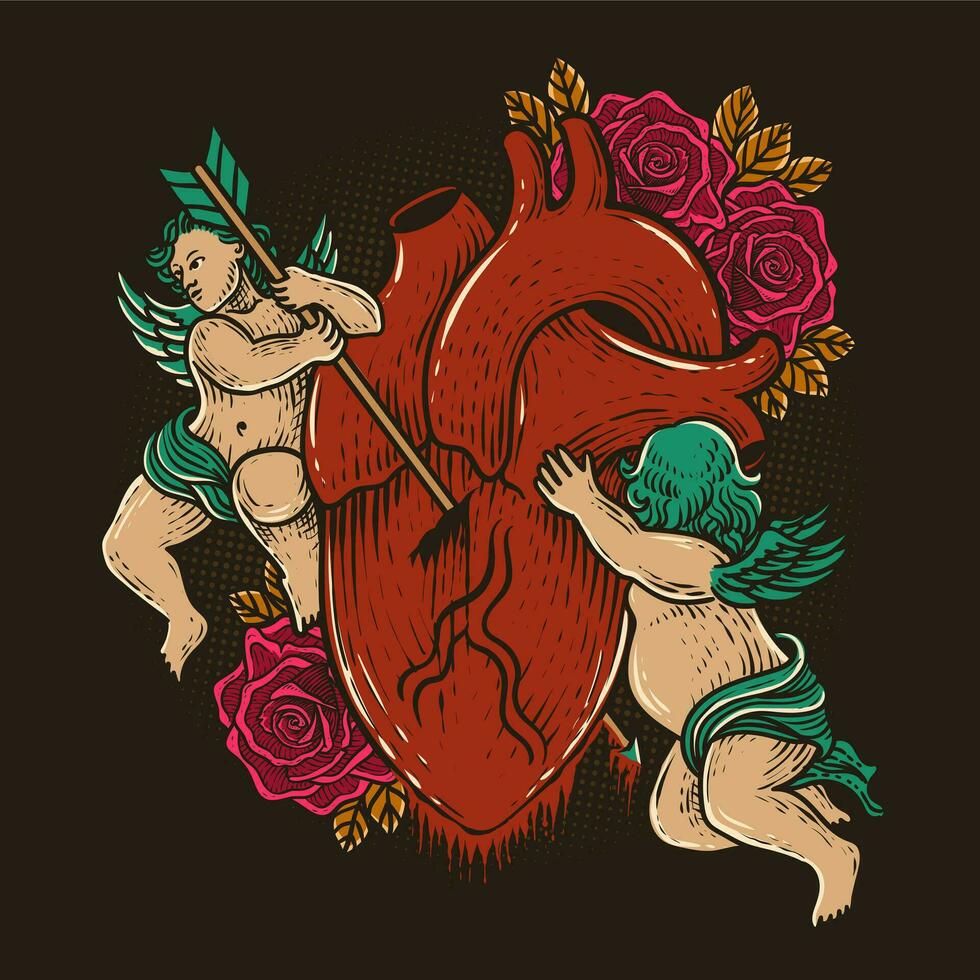 ilustración Clásico roto corazón con ángel vector