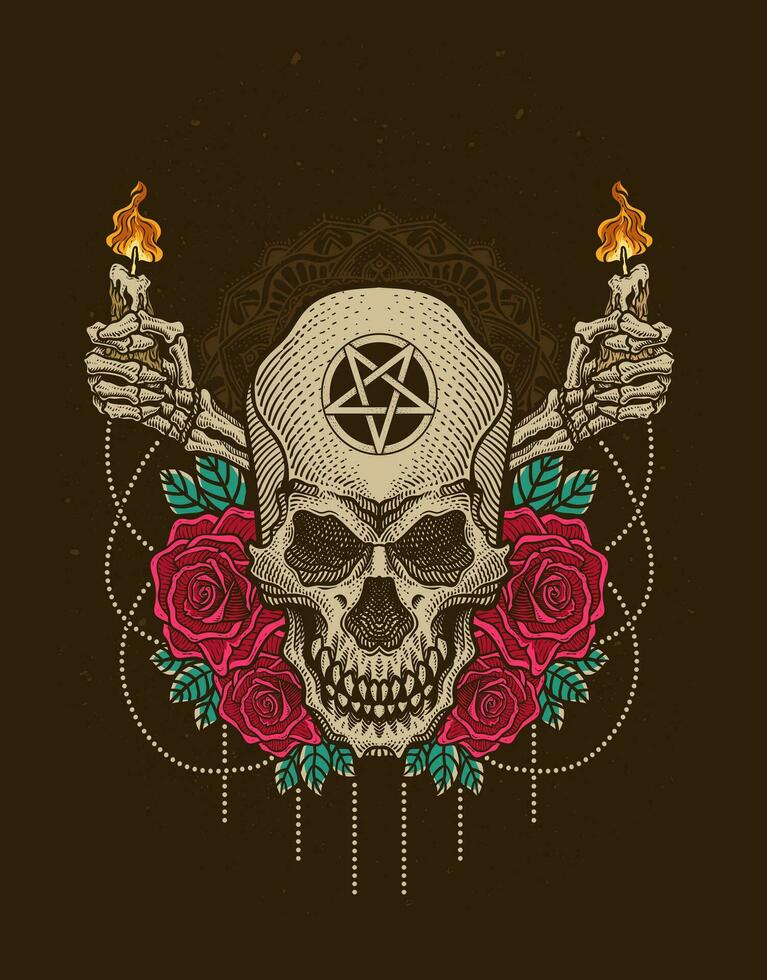 Illustration Hand drawn. Skull candle with rose flower vector